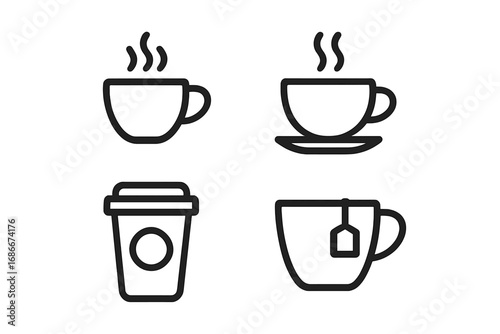 Minimalist coffee cup and tea mug icon set. Vector line art illustration for cafe and coffee shop menu. Hot drink symbols including espresso, cappuccino, and takeaway paper cup.