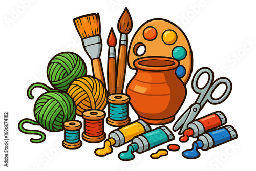 Vector cartoon illustration of arts and crafts supplies. Concept for creative hobbies, DIY projects, and handmade items. Includes tools for painting, pottery, sewing, and knitting.