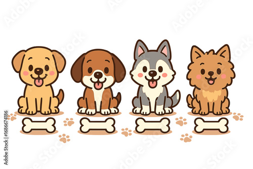 Cute cartoon dogs set. Collection of different puppy breeds: labrador, beagle, husky, pomeranian. Happy kawaii pet characters with bones and paw prints. Vector illustration.