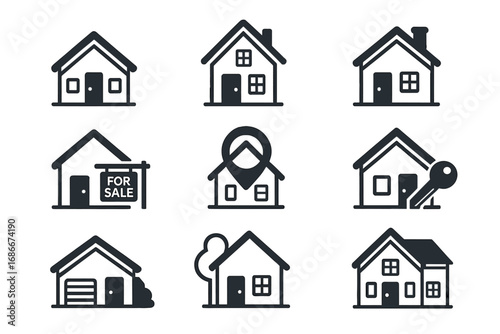 House icon set for real estate business. Home sale, rent, and mortgage pictogram collection. Vector property symbols, for sale sign, key, location pin. Simple glyph design.