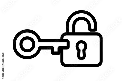 Key in lock icon. Unlocking padlock. Access, security, safety concept. Privacy and protection symbol. Vector outline illustration. Web and app graphic element. Private data.