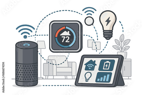 Smart home automation concept with connected devices. IoT technology with speaker, thermostat, and light for energy management. Central hub control panel. Vector cartoon illustration.