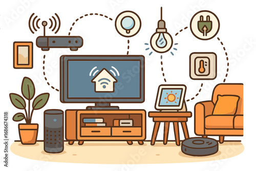 Smart home technology vector. IoT concept with connected devices like TV, speaker, thermostat. Home automation system for energy management and modern lifestyle cartoon illustration.