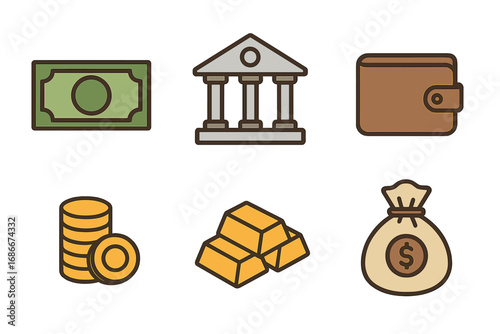 Minimalist finance icons set. Money, bank building, wallet, coins, gold bars, cash bag. Vector cartoon illustration for business, investment, savings and economy concepts.