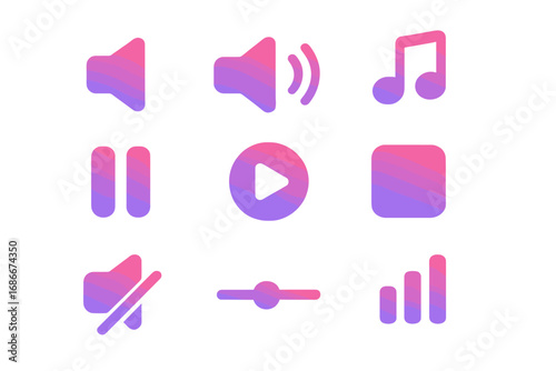 Gradient audio and music player control icons set for digital interfaces. Vector illustration of UI UX buttons like play, pause, stop, volume up, down, mute, and sound level.