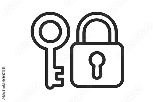 Lock and key icon. Concept of security, access, and solution. Vector outline illustration for web design. Privacy, protection, safety, password, login, private data symbol.