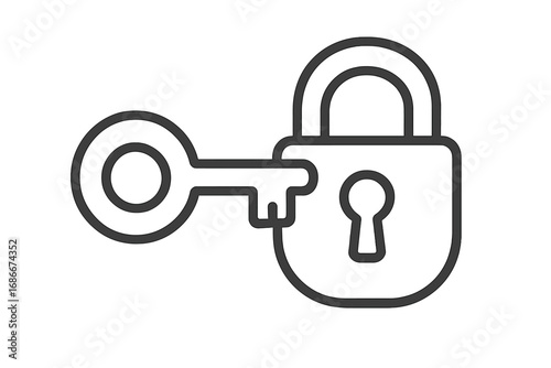 Key and lock outline icon. Vector illustration of a key in a padlock. Concept for security, privacy, access, safety, and finding a solution. Unlocking a secret. Simple line art.