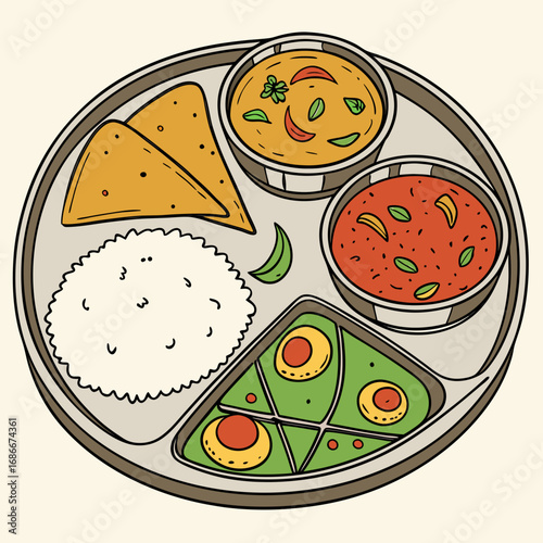 Vector art of indian thali with various dishes, top view
