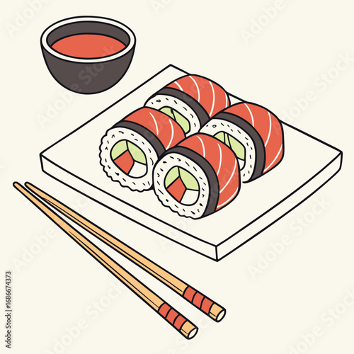Vector art of sushi roll with salmon and chopsticks