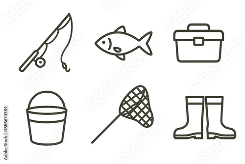 Fishing gear icon set. Minimalist line art vector illustration. Includes fishing rod, fish, tackle box, bucket, landing net, and rubber boots. Outdoor hobby & recreation concept.