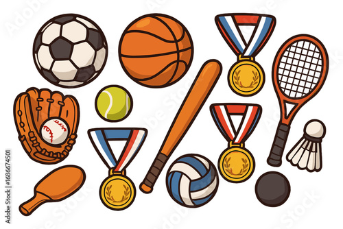 Sports equipment big set. Vector cartoon icons. Soccer, basketball, baseball, tennis, volleyball. Gold medal award for winner. Competition game championship symbol. Athletic hobby.