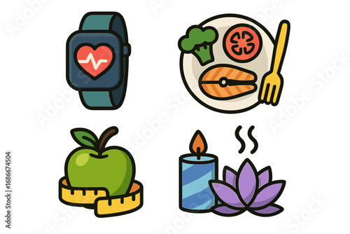 Health and wellness icon set. Vector concepts for healthy lifestyle, fitness tracking, balanced diet, nutrition, weight loss, relaxation, and mindfulness. Flat cartoon illustration.