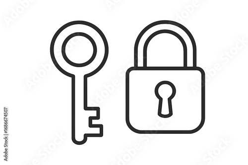 Key and lock outline icon. Vector concept for security, safety, privacy, and protection. Symbol of access, unlocking, and finding a solution. Simple line art for web design.