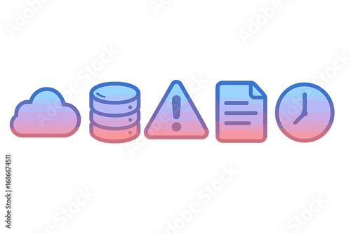 Vector gradient icon set for UI UX design. Cloud computing, database server, alert, document file, and clock time symbols. Modern digital interface elements for web and app.