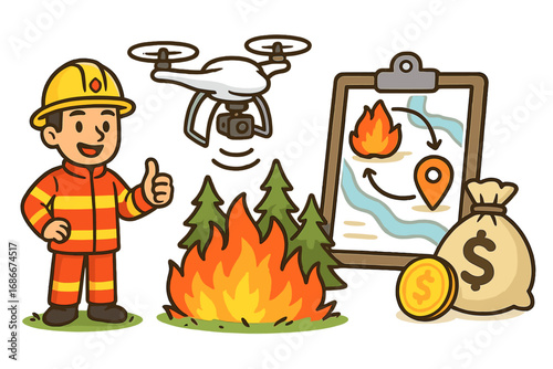 Drone technology aids firefighting. Fireman with UAV for wildfire surveillance. Concept of disaster relief funding, resource management, mapping strategy, and emergency response.