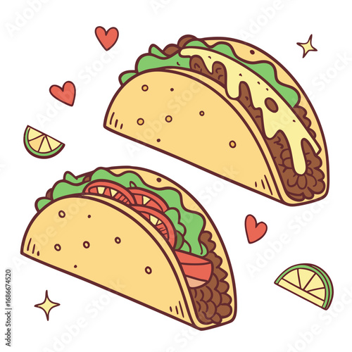 Vector art of two delicious tacos with hearts and stars