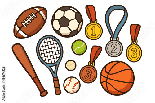 Sports equipment and medals vector cartoon illustration pack. Football, soccer, basketball, tennis, baseball gear. Gold, silver, bronze awards for winner. Competition concept.