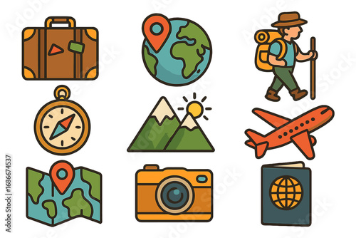 Travel icon set for global adventures. Vector cartoon symbols of vacation, exploration, and wanderlust. Includes airplane, passport, map, compass, camera, mountains and hiker.