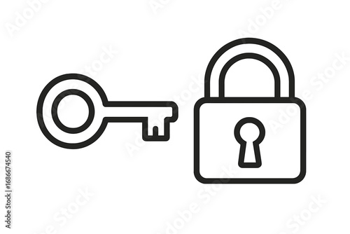 Key and lock outline icon. Vector concept of security, safety, and privacy. Symbol for access, solution, protection, password, and unlocking. Linear illustration for web and apps.