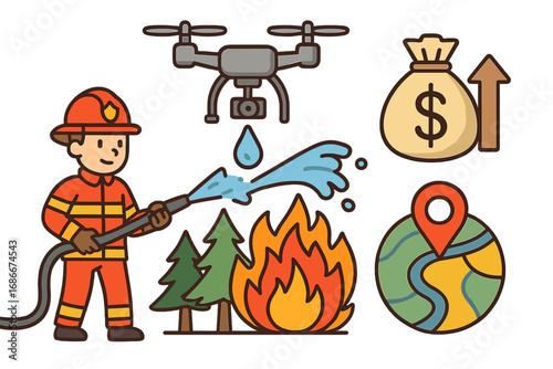 Firefighting concept with firefighter and drone technology. Wildfire emergency support, funding and resource management. Natural disaster rescue service vector cartoon illustration set.