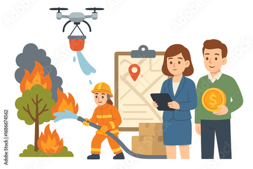Firefighting drone technology aids disaster relief. Concept for funding, insurance, and resource management. Fireman, support team, donation for wildfire. Vector cartoon.
