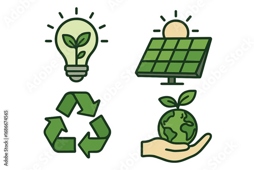 Eco-friendly icon set for sustainability and green energy. Includes solar panel, recycling symbol, plant in light bulb, and hand holding earth. Ecology, conservation, and environment concept vector.