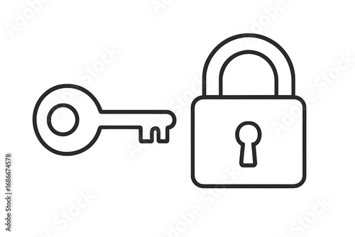Key and padlock line icon. Vector symbol for security, access, and privacy. Simple outline illustration for safety and protection concepts. Metaphor for finding a solution or a secret.