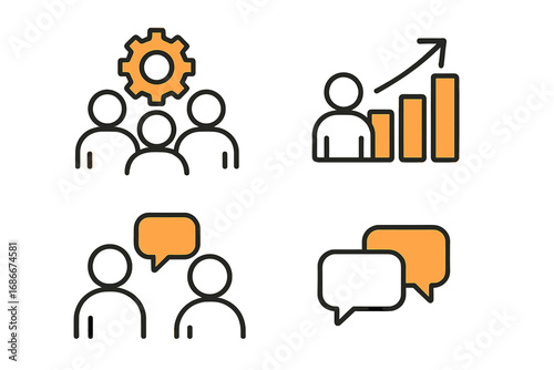 Set of business icons for teamwork, growth, and communication. Minimalist vector symbols for collaboration, career progress, meetings, and corporate presentations. Infographic elements.