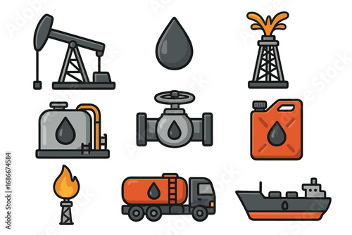 Oil and gas industry icon set. Vector symbols of petroleum extraction, fuel production, and transportation. Pumpjack, derrick, pipeline, tanker truck, and ship for fossil fuel energy.