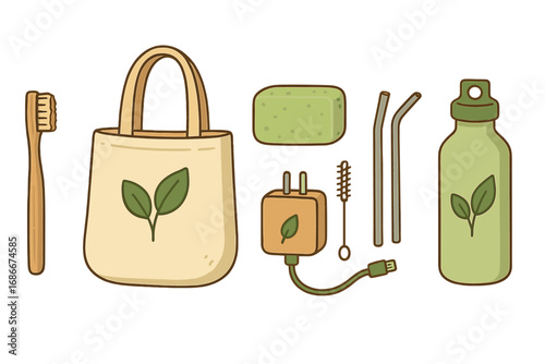 Set of zero waste items for sustainable living. Eco friendly products like reusable bag, bottle, bamboo toothbrush, metal straws. Vector cartoon illustration for green lifestyle.