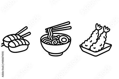 Japanese food icon set. Minimalist line art vector of sushi, ramen noodles, and tempura shrimp. Asian cuisine outline symbols for restaurant menu, logo, or web design element.