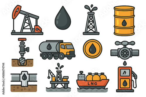 Oil gas industry icons collection. Petroleum fuel extraction, production and transportation. Vector cartoon symbols of derrick, pumpjack, tanker truck, barrel, drilling and pipeline.