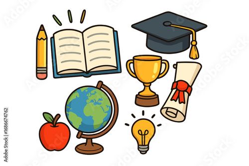 Education vector icon set. Learning and academic success symbols. Graduation cap, diploma, book, globe, trophy. School, university achievement concept. Study and knowledge.