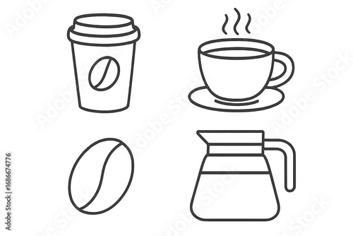 Linear Coffee Icon Set for Graphics and Apps, Vector Cartoon Illustration with Transparent Background, Coffee Cup, To-Go Cup, Coffee Bean, and Coffee Pot Collection