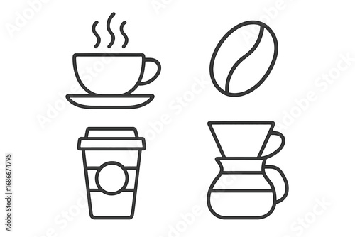 Linear Coffee Icons Set for Graphics and Apps, Vector Cartoon Illustration with Transparent Background, Hot Coffee Cup, Coffee Bean, Takeaway Cup, Pour-Over Coffee Maker, Modern Design