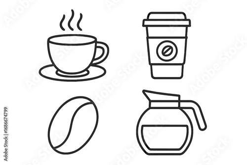 Linear coffee icons set with steaming cup, takeaway cup, coffee bean, and pot. Vector cartoon illustrations for apps, graphics, and design with transparent background.