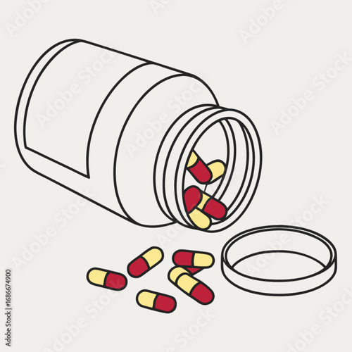 Illustration of an open pill bottle with red and yellow capsules spilled out