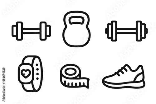 Fitness and sport icon set. Gym workout, exercise equipment. Minimalist line art vector illustration. Dumbbell, kettlebell, sneaker, measuring tape, fitness tracker icons.
