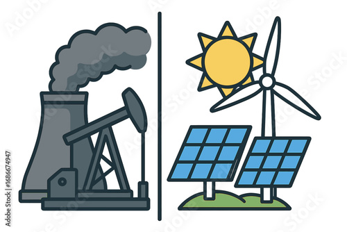 Environmental energy solutions concept. Contrast between traditional fossil fuel and renewable power. Polluting factory vs clean solar panel and wind turbine. Climate change. Vector.