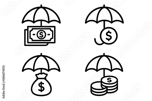 Money insurance vector icons bundle, financial protection symbols with umbrella and currency, secure investment and savings outline signs for graphic design, apps, adverts, and cards