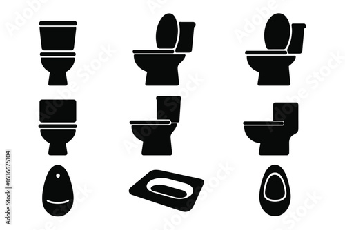 Collection of toilet silhouettes. Minimalist bathroom icons. Vector illustration. WC, restroom, and lavatory signs. Sanitary ware and plumbing symbols. Set of commode pictograms.