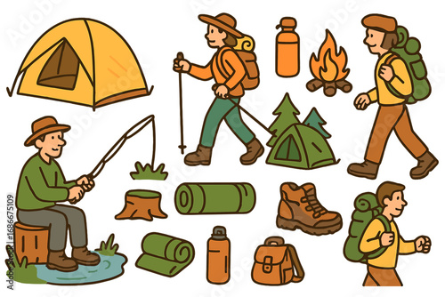 Camping and hiking icon set. Outdoor adventure activities and equipment collection. Vector cartoon illustration of people fishing, campfire, tent, backpack for nature travel.