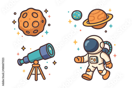 Cute cartoon space icon set. Astronaut, planets, telescope, and asteroid collection. Vector illustration for kids. Galaxy, cosmos, and astronomy elements for sticker design.
