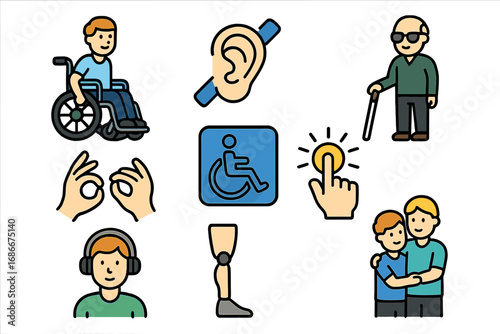 Vector icon set disability and accessibility. People with different abilities, inclusion, support. Wheelchair, blind, deaf, amputee symbols. Cartoon line art illustration.