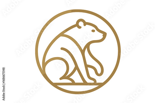 Golden bear logo vector. Line art animal icon. Abstract elegant wildlife symbol in circle badge. Modern minimalist luxury brand identity. Mammal graphic illustration template.