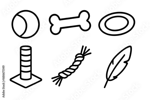 Minimalist pet toy icons set including ball, bone, frisbee, scratching post, rope toy, feather. Vector cartoon illustration with transparent background, ordered collection for pet care and play