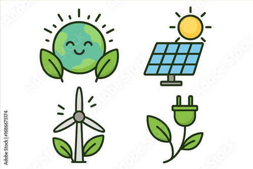 Renewable energy icon set for environmental sustainability. Vector cartoon illustration of green power symbols. Eco friendly concepts with solar panel, wind turbine, and planet earth.