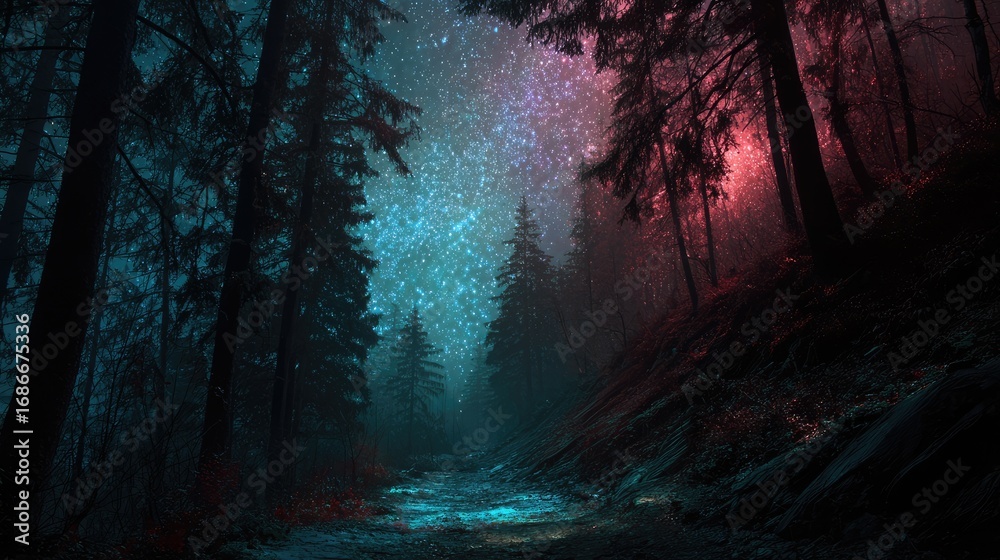 Obraz premium Mystic Forest at Night: A mesmerizing, atmospheric shot showcasing a dark, mysterious forest under a starlit sky, blending vibrant hues of turquoise and magenta to create an ethereal scene. 