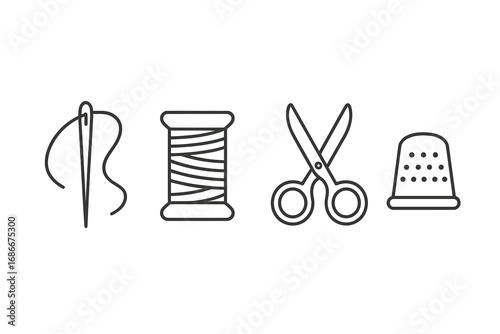 Minimalist Sewing Set Vector Icons with Needle, Thread Spool, Scissors, and Thimble in Line Art Style, Cartoon Illustration, Transparent Background, Ordered Tool Set for Sewing and Crafting