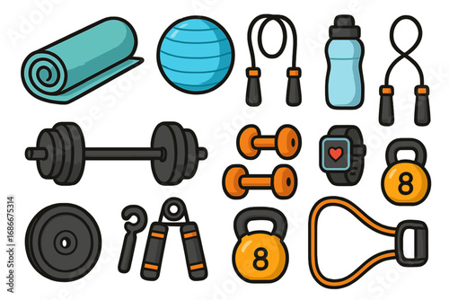 Fitness equipment for workout, gym, sport and healthy lifestyle. Vector cartoon icons set. Dumbbell, kettlebell, barbell, yoga mat, jump rope, fitness ball and accessories.